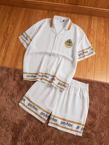 HARRY POTTER X SHEIN 男士度假条纹字母印花单排扣T恤和休闲短裤套装 - 卡其色 - 查看 1