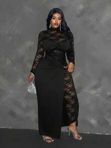 Maweii Plus Size Women Elegant Lace Patchwork Twist Front Solid Knit Long Sleeve Dress Maxi Women Outfit Fall Cloth For Women - Black - View 4