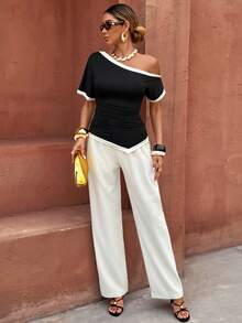 Flora Isola Flora Isola Elegant Vacation Casual Commute Asymmetric Hem Scoop Neck Black & White Women T-Shirt - Black - View 3