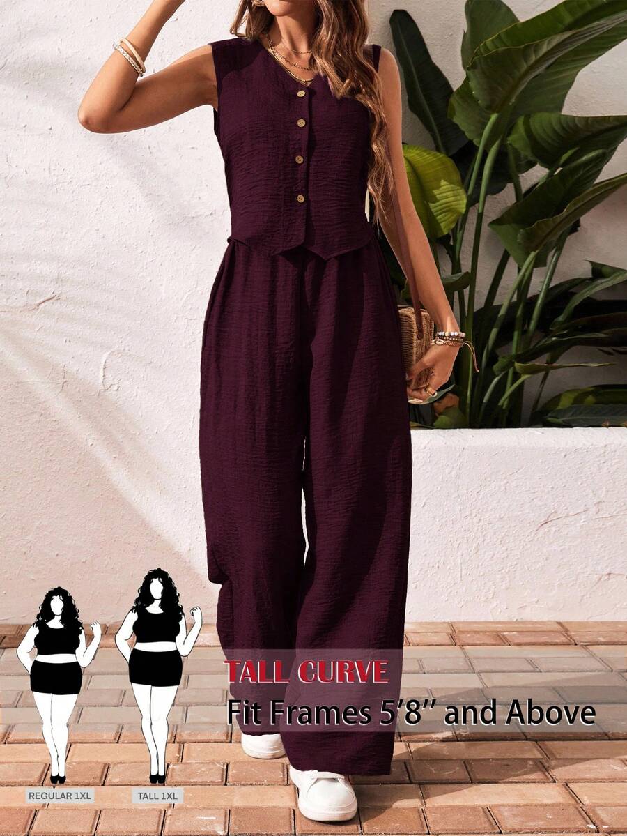 SHEIN Tall CURVE 大尺碼女款兩件套:素色背心上衣 & 寬腿長褲 - 酒紅色 - 查看 1
