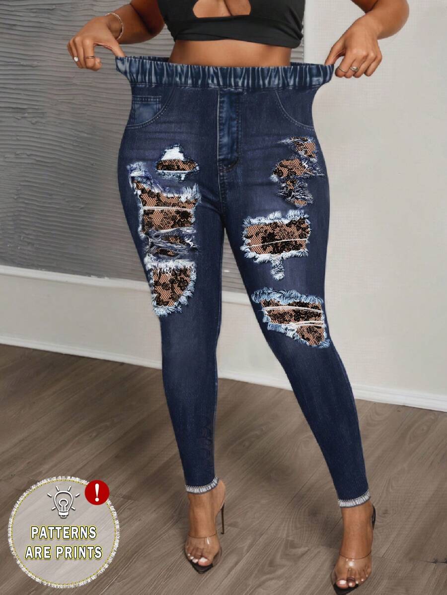 Slaydiva Plus Size Textured Print Leggings, Suitable For Music Festival , Blue Pants, Y2K Style