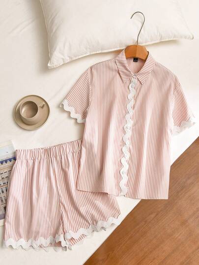 CosyJoli Women's Casual 2-Piece Set, Loose Striped Shirt & Shorts, Ruffled Hem, Short Sleeve, Spring/Summer