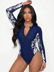 Slaydiva Slayr Women's Zipper Front One-Piece Swimsuit, Navy And White Floral Tropical Print Surfing Suit, Cute Active Summer Beach Vacation Pool Party Club - Navy Blue - View 8