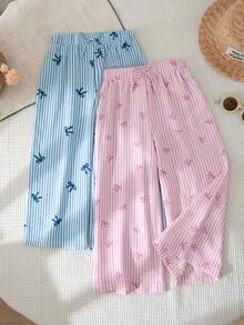 SHEIN 2件組少女編織條紋蝴蝶結圖案寬鬆休閒長褲套裝 - 彩色 - 查看 8