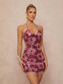 Lumalex Vestido con cuello de halter, cintura con lazo y dobladillo con flecos con detalles bordados y lentejuelas para mujer - Rosa - Ver 9