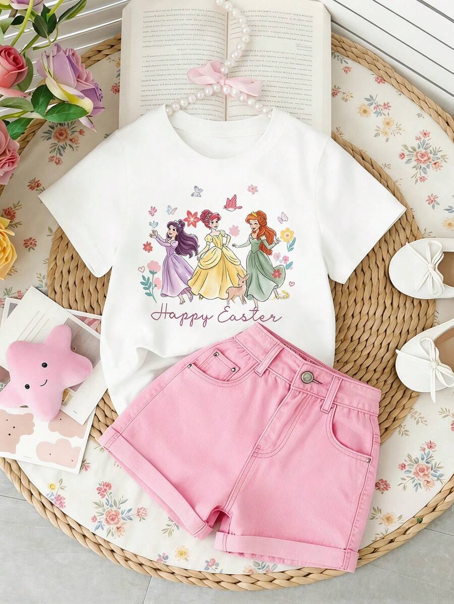 Young Girl Cartoon Print Round Neck Basic Short Sleeve T-Shirt - White - View 1