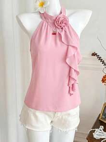 DreamSkyne Plus Size Summer Elegant 3D Floral Ruffle Neck Blouse For New Year Clothes - Pink - View 9