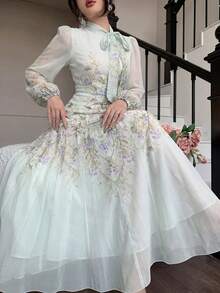 Modelyn 女士系带腰部褶皱印花长袖连衣裙 - 淡綠 - 查看 4