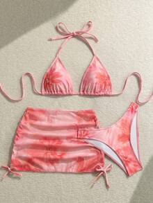 Soleia Bộ bikini hai dây buộc cổ và váy che ngoài in hoa dành cho nữ, thích hợp cho kỳ nghỉ biển. - Màu Hồng  San hô - Xem 4