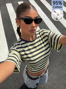 Muchica Women's Striped Print Round Neck Fitted Short Sleeve Top, Summer - White - View 8