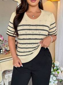 SHEIN Clasi 女士休闲衬衫，适合日常通勤、情人节、街头风等各种场合，百搭商务优雅知性风，圆领条纹修身短袖撞色杏色宽松直筒套头针织衫，大码可选，春夏款 - 杏色 - 查看 6