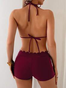 Swim Vcay Conjunto de traje de baño de estilo vacacional simple con diseño de cuello halter de tela de nailon de color negro sólido para mujer - Blanco - Ver 10