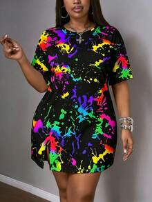 Slaydiva Plus Size Tie-Dye Print Round Neck Summer Short Sleeve Dress, Suitable For Party - Multicolor - View 5