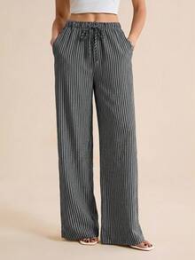 SHEIN Tall Pantalones casuales rectos de pierna suelta con cintura con cordón y rayas para mujer - Gris Oscuro - Ver 3