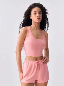 Loungeista 3 pezzi/set pigiama da donna con top senza maniche e pantaloncini, in poliestere sottile tinta unita, set di abbigliamento da casa minimalista e confortevole, adatto per primavera/estate, nero/grigio/rosa 6 pezzi - Multicolore - Visualizzare 5