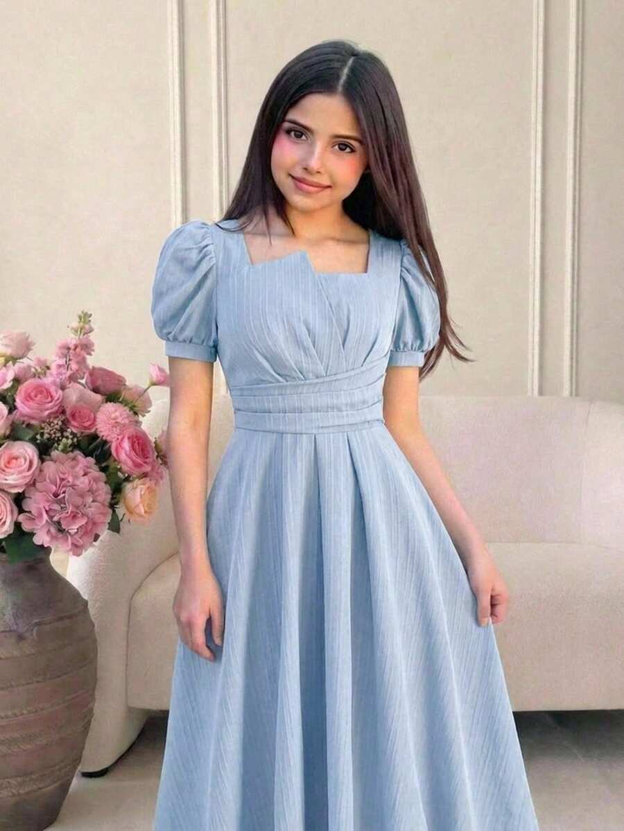 少女优雅休闲街头提花纹理方领泡泡袖长款连衣裙,蓝色,春夏款 - 藍色 - 查看 1