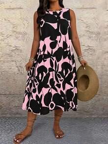EMERY ROSE Plus Size Floral Print Round Neck Sleeveless Summer Dress - Pink - View 6