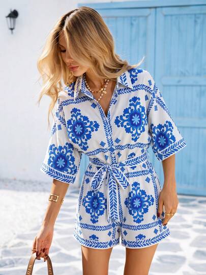 Vivid Eden Damen Jumpsuit mit Blume Muster und Kurzarm, Lässig