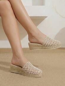 Styleloop Giày nữ đế xuồng cao gót dày màu mơ dệt lưới, kiểu Muller, dép xăng đan mùa hè, giày dây gai dầu, kiểu Bomisian, thích hợp đi chơi, nghỉ mát, hẹn hò hàng ngày, đi biển, du lịch, phong cách thường ngày, giày nữ. - Màu be - Xem 1