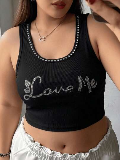 Top sin mangas con letras estampadas y bordes de strass para mujer, chaleco corto básico casual para uso diario, ropa de moda para mujer en primavera y verano