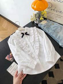 SHEIN 女童荷葉邊長袖襯衫，春秋款，肩部可拆卸蝴蝶結裝飾，寬鬆活力風格，舒適面料，適合搭配吊帶裙或單穿 - 白色 - 查看 7