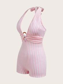 SHEIN Bộ jumpsuit nữ mùa hè màu hồng sọc, chất liệu dệt kim, kiểu dáng thanh lịch, hở lưng, cổ tròn, thích hợp cho kỳ nghỉ. - Hồng - Xem 3