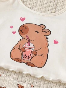 SHEIN Tween Girl Cartoon Print Camisole And Shorts Pajama Set, Suitable For Autumn, Winter And All Seasons - Apricot - View 6