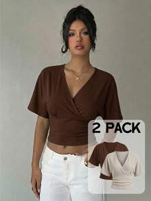 Aloruh Set de 2 camisetas casuales de mujer con cuello en V a rayas, mangas cortas tipo murciélago y plisadas - Multicolor - Ver 6