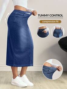 Flexra Plus Size Dark Wash Denim Skirt - Medium Wash - View 1