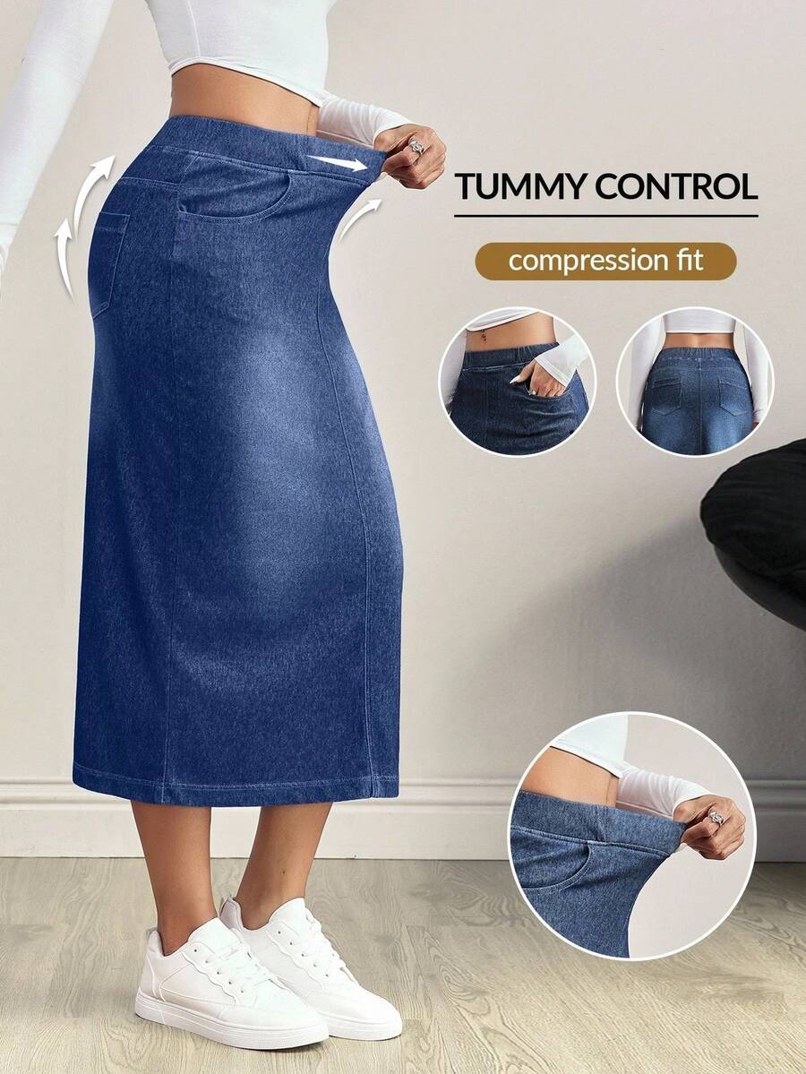 Flexra Plus Size Dark Wash Denim Skirt - Medium Wash - View 1