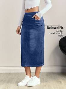 Flexra Plus Size Dark Wash Denim Skirt - Medium Wash - View 4