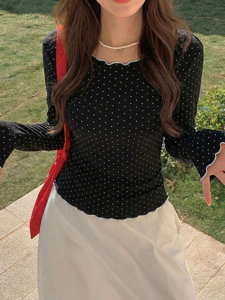 Women's Polka Dot Sheer Long Sleeve Crew Neck Undershirt, Spring/Summer