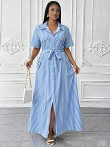 Maweii Plus Size Women Striped Print Button Front Casual Short Sleeve Shirt Dress - Blue and White - View 4