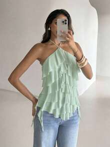 Aloruh Women's Elegant Romantic Tie-Up Neck Multi-Layer Ruffle Trim Teal Vacation & Date Top - Teal Blue - View 7