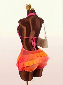 Amplova Women's Fashionable Sexy Ombre Ruffle Halter Jumpsuit For Summer - Orange - View 1