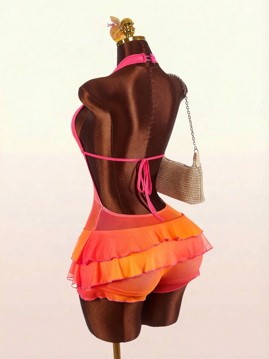 Amplova Women's Fashionable Sexy Ombre Ruffle Halter Jumpsuit For Summer - Orange - View 1