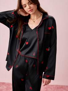 Bonmuse 三件套仿丝绸爱心印花上衣+长裤+短裤睡衣套装，秋冬服装 - 黑色 - 查看 9