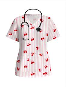 PopScrub Áo đồng phục y tế họa tiết sọc anh đào dễ thương, thoải mái - Nhiều màu - Xem 6