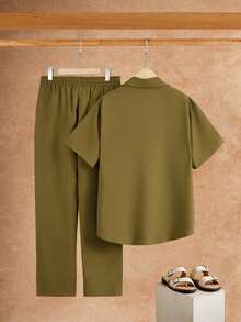 VENTUSAIL 2pcs Men's Casual Short Sleeve Shirt & Pants Set, Holiday - Army Green - View 2