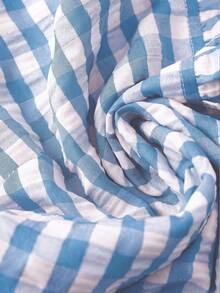 Linhara Plaid Ruffle V-Neck Blouse For Women, Puff Sleeve Casual Top, Plus Size Summer New Arrival - Blue and White - View 5