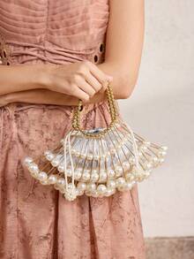 MOTF LADIES HANDBAG, PEARL HANDMADE DINNER BAG - Beige - View 7