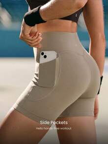 GLOWMODE 4.3" CoreHold FeatherFit™-Sculpt Pavement Pusher No Front Seam Corset Support Tummy Control Biker Shorts With Side Pockets Non-Slip Strips Medium Impact Running Jogging Training Gym Workout - Khaki - View 4