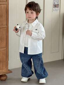 Dazy Kids Toddler Boys' Casual Collared Solid Color Embroidered Top - White - View 2
