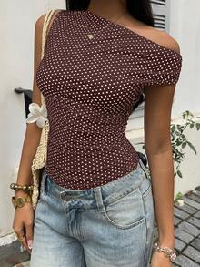 SHEIN PETITE 白色與黑色波點不對稱抓皺收腰上衣，優雅休閒海灘度假百搭上衣，適合嬌小女性，夏季 - 棕色 - 查看 4
