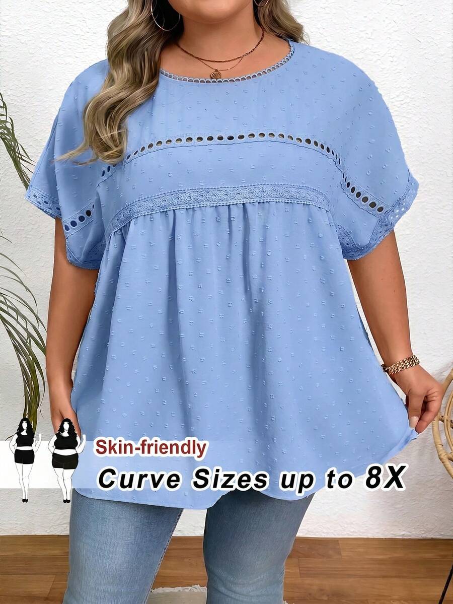 SHEIN CURVE+ 大码休闲度假纯色蝙蝠袖衬衫,夏季/乡村/海滩度假装/海滩装/沙滩服饰 - 淺藍色 - 查看 1
