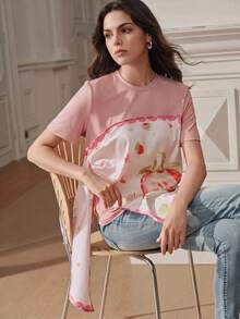 Anewsta Asymmetrical Tie Strawberry Print T-Shirt, Summer - Pink - View 4