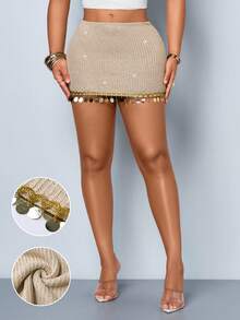 SHEIN BamGlam Chân váy ngắn dệt kim cạp thấp gợi cảm đính sequin và tua rua dành cho nữ - Phong cách nghỉ hè quanh năm; Hoàn hảo cho trang phục thường ngày, đi biển, kỳ nghỉ, các buổi hòa nhạc nhạc đồng quê, các sự kiện theo chủ đề miền Tây, lễ hội, các dịp đính sequin, vẻ ngoài gợi cảm ở hộp đêm và các bữa tiệc. - Màu Khaki - Xem 1