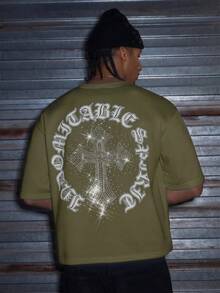 AXEPEAK Men's Casual Loose Short Sleeve T-Shirt, White Color With Printed Rhinestone Handmade Label, Summer - Army Green - View 3