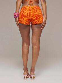 MUSERA Printed Denim Low Rise Lace Up Front Micro Shorts Spring Summer Ibiza Festival Holiday Vacation Cute Sexy Y2k Night Out Club Tropical Seduction - Orange - View 4