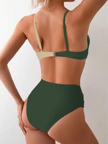 SHEIN Swim 性感女士撞色扭结前襟吊带比基尼套装高腰泳衣面料女士两件套泳装度假比基尼套装 - 彩色 - 查看 2